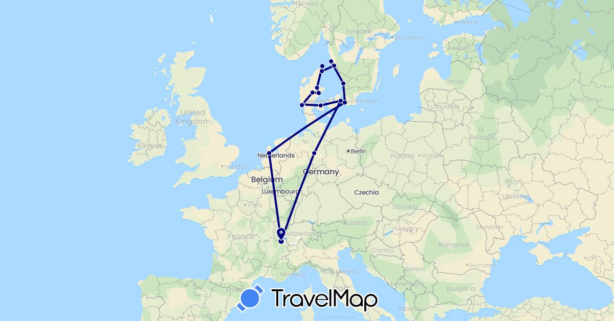 TravelMap itinerary: driving in Switzerland, Germany, Denmark, Netherlands, Sweden (Europe)